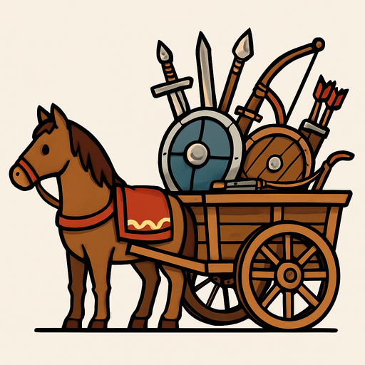 Kılıç kalkan ok yay gibi savaş malzemeleri taşıyan at arabası.
In-Game asset.  2d.  High contrast.  No shadows