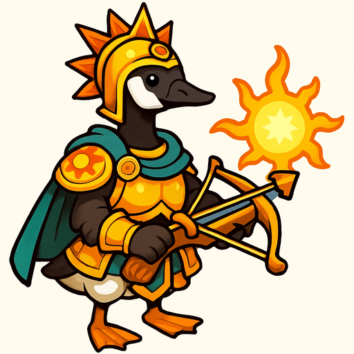 Canadian Goose in Sun Warrior Outfit with Magic Sun Crossbow.
In-Game asset.  2d.  High contrast.  No shadows