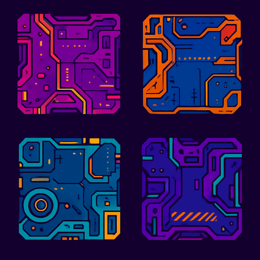 Futuer complicated floors. Cyberpunk. Abstract. separated. Different colors. HD colors.
In-Game asset.  2d.  High contrast.  No shadows