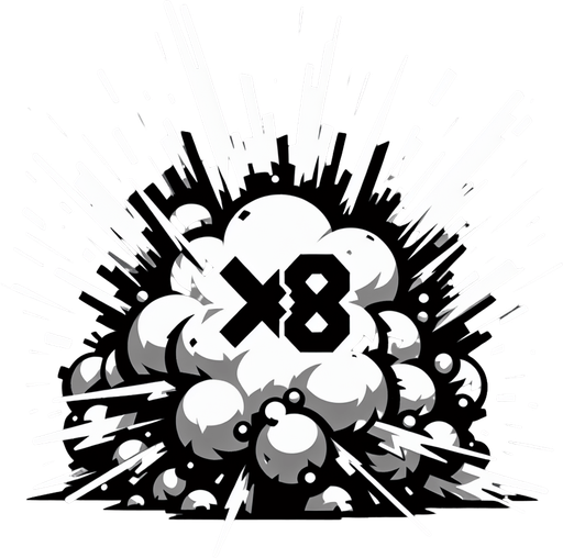 爆炸，里面有X8的字样.
Single Game Texture. In-Game asset. 2d. Blank background. High contrast. No shadows.