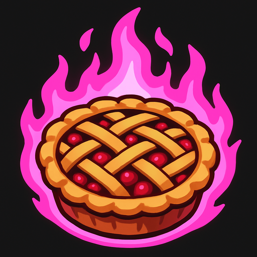 Cherry pie with pink fire aura.
In-Game asset.  2d.  High contrast.  No shadows