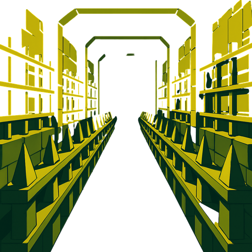 3D building from inside have tall road similar to saw movie rooms, floor going front of the screen, horror taller area have 2 walls on the sides with sharp metals protecting the way and horizontal bars on all of the 2 walls on the sides.
In-Game asset.  High contrast.  No shadows. 3D