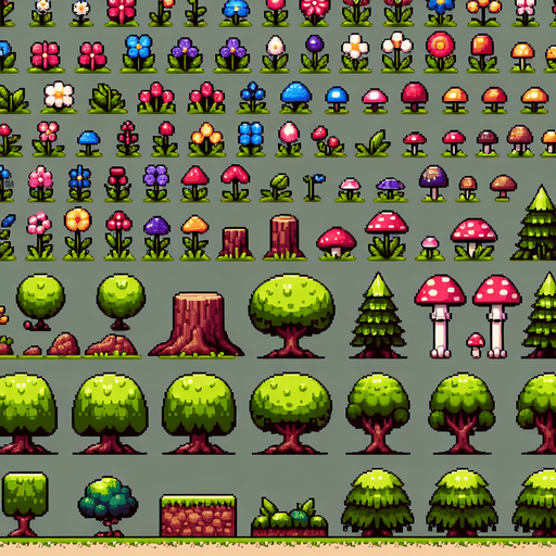 Create a sprite sheet featuring various forest landscape elements, including flowers, small hills, dug holes, mushrooms, trees, bushes, and rocks. Each element should be designed in a detailed pixel art style, reminiscent of classic 32-bit era video games. Ensure that the colors are vibrant and natural, with each element distinctly recognizable. The flowers should have a variety of colors and shapes, the hills should have gentle slopes, the holes should look freshly dug, the mushrooms should be varied in size and color, the trees should have detailed bark and lush canopies, the bushes should be dense with leaves, and the rocks should have texture and shading. Arrange the elements on a neutral background, with each item neatly aligned in rows and columns for easy identification and use in game development..
Single Game Texture. In-Game asset. 2d. Blank background. High contrast. No shadows.