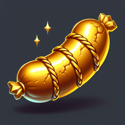 A gold sausage.
Single Game Texture. In-Game asset. 2d. Blank background. High contrast. No shadows.