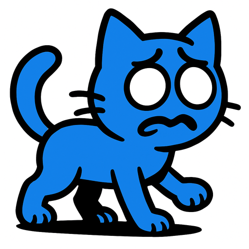 Un gato azul sin pupilas preocupado caminando.
In-Game asset.  2d.  High contrast.  No shadows