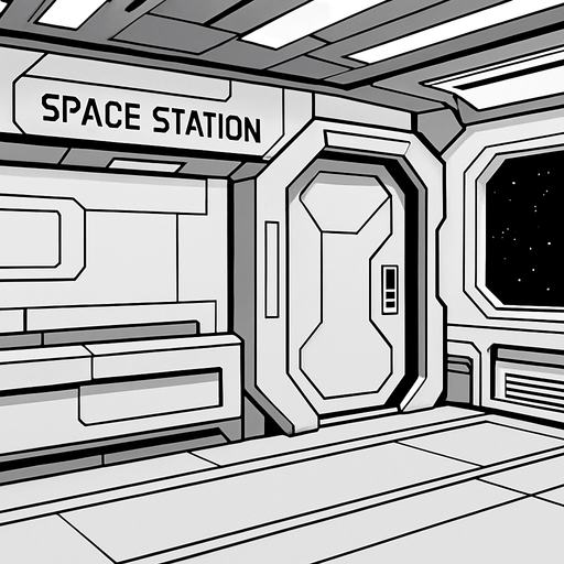 A sterile space station background But it’s still futuristic and definitely seems like it’s made out of metal.
In-Game asset.  2d.  High contrast.  No shadows