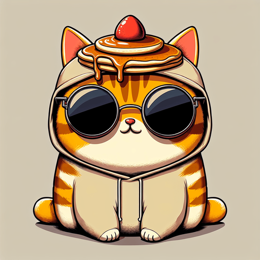 The character in the image is a cartoon-style, orange tabby cat with noticeable stripes. It has a round face, big black eyes covered by oversized, round, dark opaque sunglasses, and a prominent, exaggerated red pout in the shape of a duck's bill that stretches across the entire width of its face. The cat's body is smaller in comparison to its head, giving it a cute, chubby appearance. It's wearing a simple, light-colored hoodie with a drawstring. On its head, rather humorously, sits a pancake, serving as an unconventional hat, with syrup artfully dripping down its sides. The cat sits with its paws visible in front, showing a relaxed posture. The overall style is playful and whimsical, perfect for a casual mascot or a character in a children's book..
Single Game Texture. In-Game asset. 2d. Blank background. High contrast. No shadows.