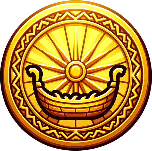 a single shining yellowish golden coin with the boat  on it.
Single Game Texture.  In-Game asset.  2d.  Blank background.  High contrast.  No shadows