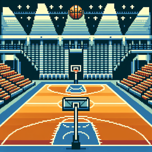 pixel art basketball arena seen from the floor.
Single Game Texture. In-Game asset. 2d. Blank background. High contrast. No shadows.
