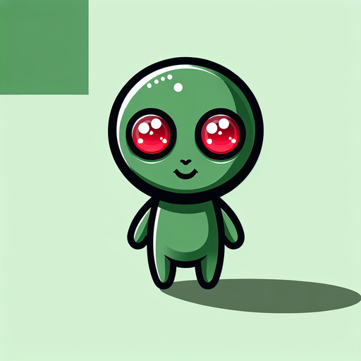 Green alien cartoon. Red eyes. Cute, smiling. Blank background. High contrast. No shadows.