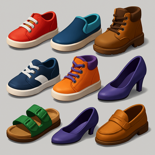 Pack of different shoes.
In-Game asset.  High contrast.  No shadows. 3D
