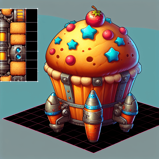 create a muffin with a rocket. muffin goes to the moon.
Single Game Texture. In-Game asset. 2d. Blank background. High contrast. No shadows.
