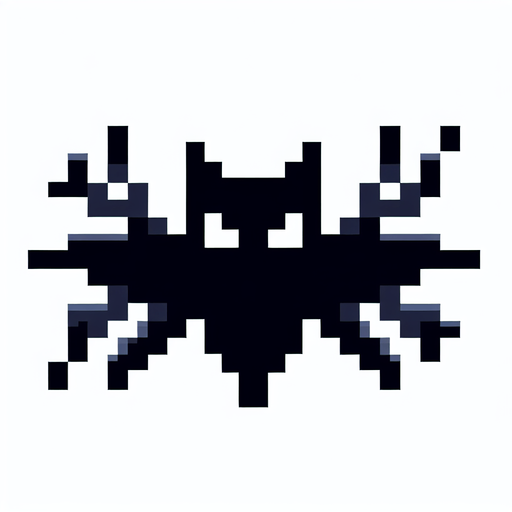8-bit pixelated dark bat stylized icon shaped throwing ninja star on a spritesheet containing multiple stages of the bat flapping it's wings up and down.
Single Game Texture. In-Game asset. 2d. Blank background. High contrast. No shadows.