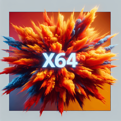 爆炸，里面有“X64”的字样,暖色调.
Single Game Texture. In-Game asset. 2d. Blank background. High contrast. No shadows.