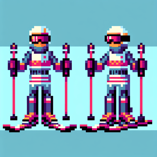 Pixel art of a Skiier. front view. side view..
In-Game asset. 2d. Blank background. High contrast. No shadows.