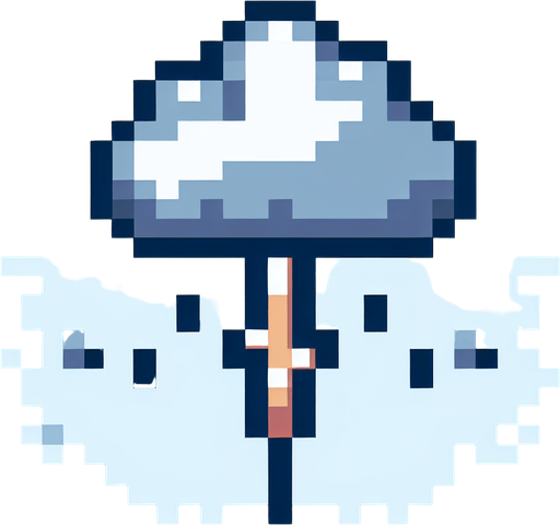 Retro art rain cloud with lighting bolt coming out the bottom 2d pixel art button logo.
Single Game Texture. In-Game asset. 2d. Blank background. High contrast. No shadows.