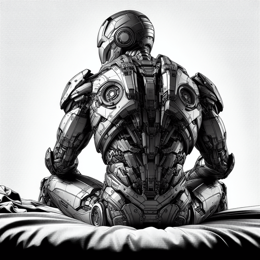 Hero is ironman and sitting on bed facing backward.
Single Game Texture. In-Game asset. 3d. Blank background. High contrast. No shadows.