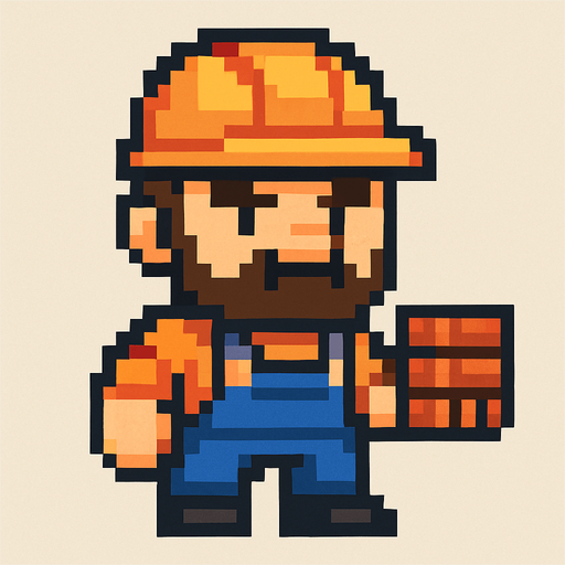 Genera una imagen de un albañil guerrero pixel, que su cabeza sea un poco más grande que su cuerpo, y que no tenga armas.
In-Game asset.  2d.  High contrast.  No shadows