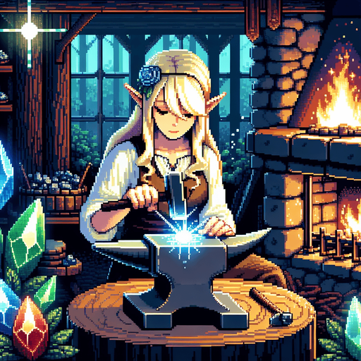 A blonde elf with long hair and a serious expression, working at an anvil in the center of the screen. The scene takes place in a magical forge inside a forest cabin, with a glowing hearth in the background. The elf is surrounded by blue, green, and red crystals, adding an enchanting atmosphere to the room. The warm glow of the fire and the shimmering crystals illuminate the elf's focused face and her skilled work..
Single Game Texture.  In-Game asset.  2d.  Blank background.  High contrast.  No shadows. pixel art