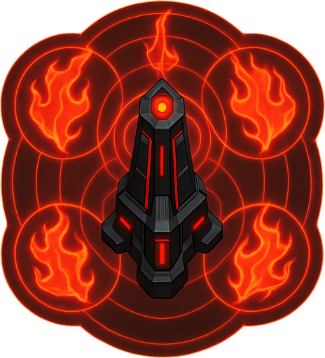 top-down view, high-tech energy obelisk, emits area energy pulses, holographic fire shield patterns, black and red glowing accents.
In-Game asset.  2d.  High contrast.  No shadows