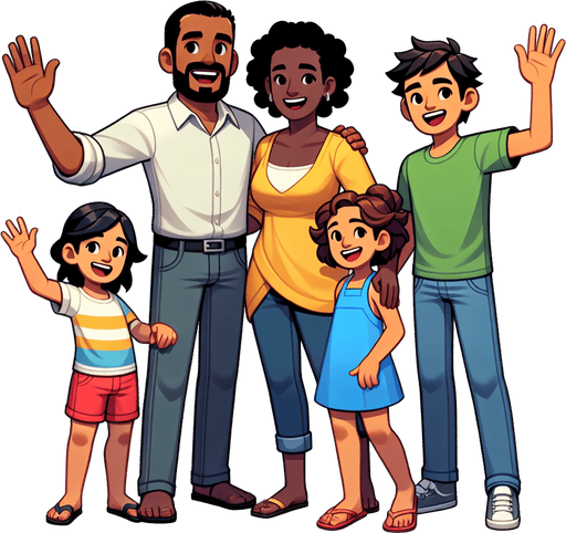 A smiling family waving..
Single Game Texture. In-Game asset. 2d. Blank background. High contrast. No shadows.