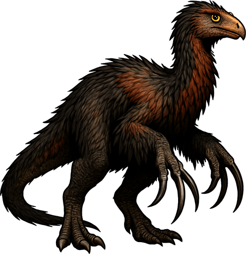 A realistic Therizinosaurus dinosaur covered in long, shaggy feathers with colors blending dark brown, black, and hints of rusty red. The feathers are especially thick on the neck, back, and arms, giving it a bird-like, primal appearance. Its long, powerful arms end in enormous, curved claws that are glossy and sharp. The small head has a beaked mouth and alert yellow eyes. The legs and tail show patches of scaly skin beneath the feather covering. The stance is slightly hunched, emphasizing its unusual shape and intimidating size..
In-Game asset.  2d.  High contrast.  No shadows