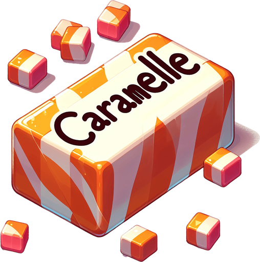 scritta caramelle.
Single Game Texture. In-Game asset. 2d. Blank background. High contrast. No shadows.