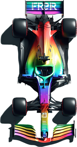 Full-length F1 concept race car IN TOP VIEW! 
Rainbow coloured Gradient paint on body. "FRVR" text..
Single Game Texture. In-Game asset. 2d. Blank background. High contrast. No shadows.