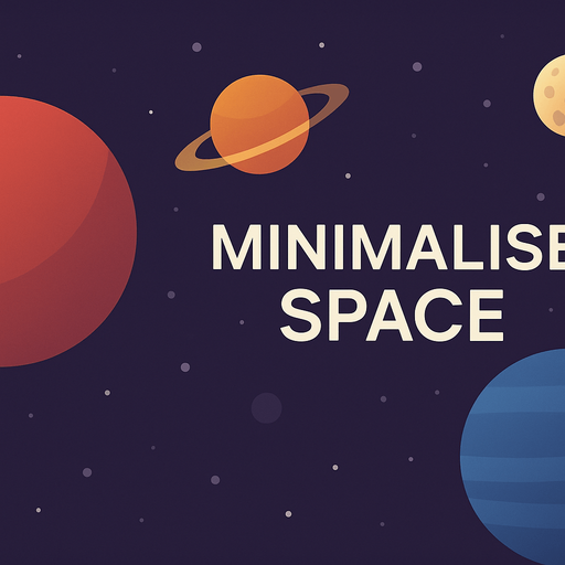 Fullscreen modern App Store landscape banner, 16:9, high definition, for a game titled "Minimalise Space'' and Planets wiews.