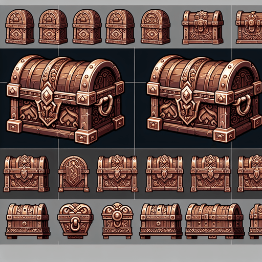 A spritesheet of various norse medieval or viking age looking treasure chest. Side view as for use in a platformer or endless runner game..
Single Game Texture. In-Game asset. 2d. Blank background. High contrast. No shadows.
