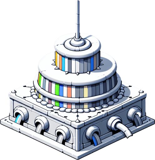 Vue de face centrée d'une machine magique en forme de pièce montée arc-en-ciel avec une petite entrée d'alimentation en bas au milieu, un très grand hublot central et un tube transparent dirigé vers le haut..
Single Game Texture.  In-Game asset.  2d.  Blank background.  High contrast.  No shadows