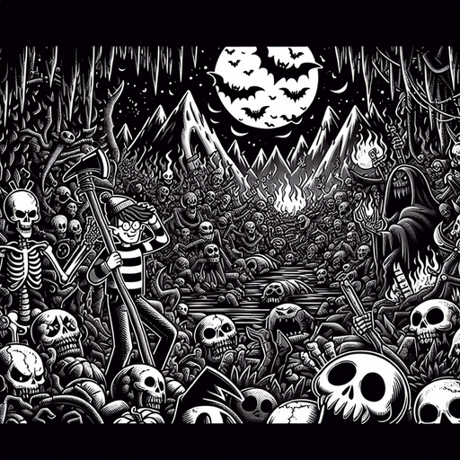 Generate a high quality cartoon background Halloween image on a black canvas similar to the format of where is waldo with a hellish environment.
Single Game Texture. In-Game asset. 2d. Blank background. High contrast. No shadows.