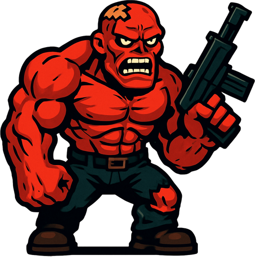 boss zombi çok kaslı akıllı ve silahlı sinirli kızgın ve ten rengi kırmızı.
In-Game asset.  2d.  High contrast.  No shadows