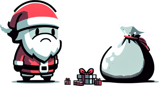 A game over screen for the game "Snowball Santa". Santa is very sad because all the presents has been stolen from ninja kids.
Single Game Texture. In-Game asset. 2d. Blank background. High contrast. No shadows.