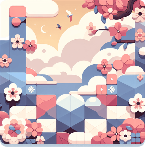 Background for relaxing puzzle game. Pastel colors, flat shaded, vector art. Flowers. Blocks. Relaxing. Clouds Single Game Texture. In-Game asset. 2d. Blank background. High contrast. No shadows.