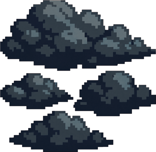 Grandes nubes grises , pixelart.
In-Game asset.  2d.  High contrast.  No shadows