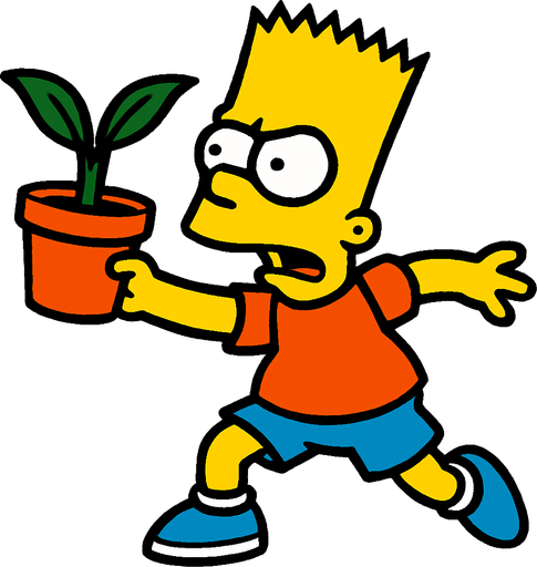 Bart holding a pot with a plant and is about to throw it.
In-Game asset.  2d.  High contrast.  No shadows