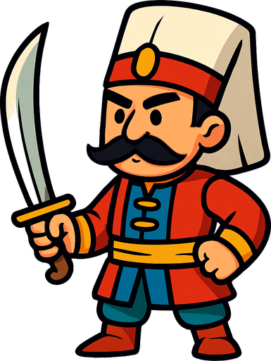 Animasyon çizgi dizi tarzında elinde kılıç olan bir osmanlı yeniçerisi.
In-Game asset.  2d.  High contrast.  No shadows
