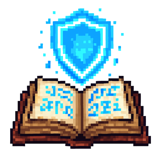 "2D pixel art of a glowing blue shield symbol emerging from an open magical spellbook. The spellbook has old, worn covers and glowing arcane runes on its pages. The shield symbol floats above the book, made of radiant blue magical energy, slightly transparent and softly glowing. It represents protection or a defensive spell. Style is classic 16-bit fantasy RPG pixel art. Transparent background.".
In-Game asset.  2d.  High contrast.  No shadows