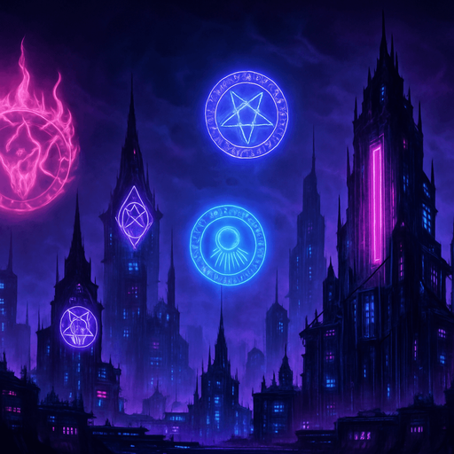 16:9 banner, Neon cyberpunk horror landscape scene futuristic spires skyscrapers towers skyline hologram sigils lovecraftian bladerunner tower defense neon purple blue pink occult sigils projections 3d