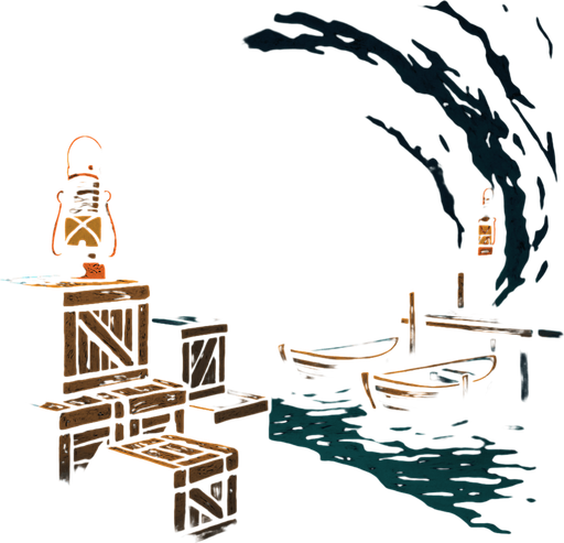 A dark sea cave used by smugglers, crates stacked on wet stone, rusty lanterns casting weak light, small boats tied to hidden docks.
In-Game asset.  2d.  High contrast.  No shadows