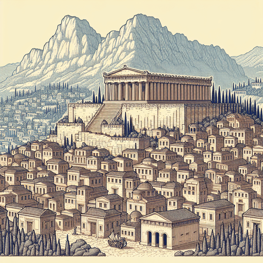 An animated image of an ancient greek city with an Acropolis.
Single Game Texture. In-Game asset. 2d. Blank background. High contrast. No shadows.