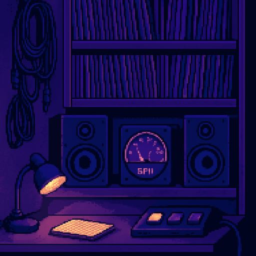 A 2048x2732 vertical pixel art background for a settings screen in a pixel-art rhythm game. The scene shows a cozy side corner of the same DJ studio seen in the main menu, with shelves full of vinyls, tangled audio cables, studio monitors, and an analog BPM dial glowing softly. A small desk lamp casts a warm light over a notepad and some buttons. The lighting is purple and blue, calm and focused. The mood is quiet, technical, and slightly futuristic — perfect for adjusting settings..
In-Game asset.  2d.  High contrast.  No shadows