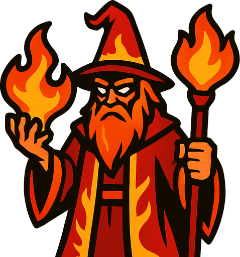 a fire wizard.
In-Game asset.  2d.  High contrast.  No shadows