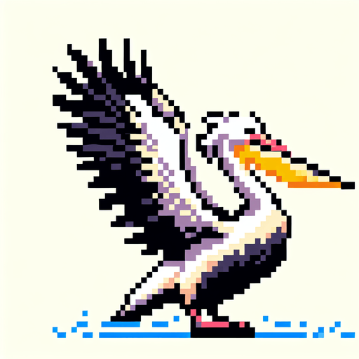 8-bit profile of pelican flapping it's wings downward.
Single Game Texture. In-Game asset. 2d. Blank background. High contrast. No shadows.