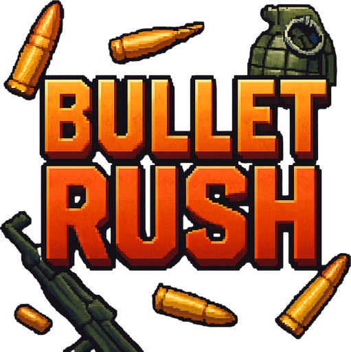 Create an title image written "Bullet Rush" in it, add some elements of war like bulets and make it in a semirealistic 16bit style.
In-Game asset.  2d.  High contrast.  No shadows