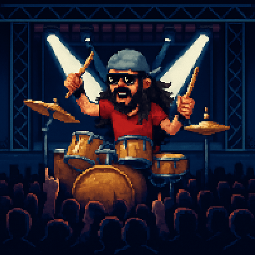 Add pixel cool crazy drummer, with glasses and gray bandana, red tshirt, long black hair, playing drums