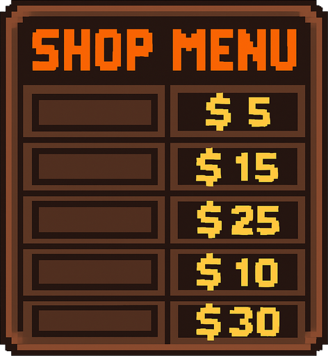 shop written menu tabela pixel.
In-Game asset.  2d.  High contrast.  No shadows