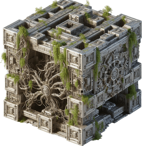 a big metal maze with vines covering it everyware.
Single Game Texture.  In-Game asset.  2d.  Blank background.  High contrast.  No shadows