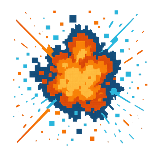 digital explosion, burnt orange neon blue, pixels, sparks.
In-Game asset.  2d.  High contrast.  No shadows
